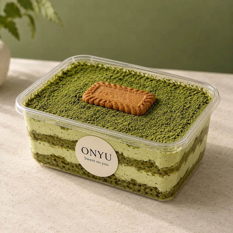 Matcha tiramisu in a clear takeaway tub